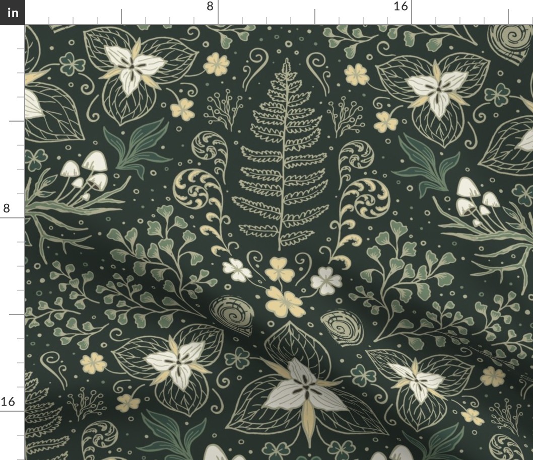 Wildwood flora.  Forest biome. Botanical damask  - Earthy green-Sage green -Large scale