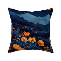 California Poppies and Mountains Night Scene