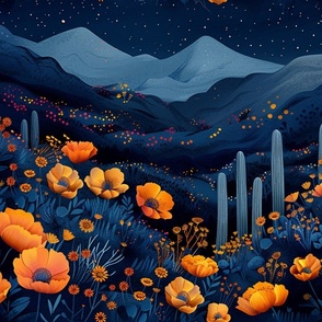 California Poppies and Mountains Night Scene