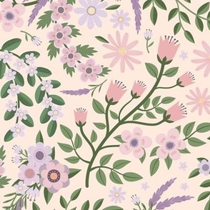 Summer lavender and daisies - pink and lilac on pale peach - medium scale by Cecca Designs