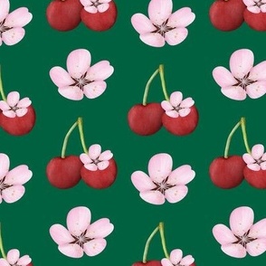 Cherries and Cherry Blossoms on Green Small Scale