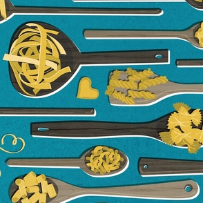 Large jumbo scale // Le meraviglie // blue teal background brown wood spoons with yellow italian pasta kitchen decor