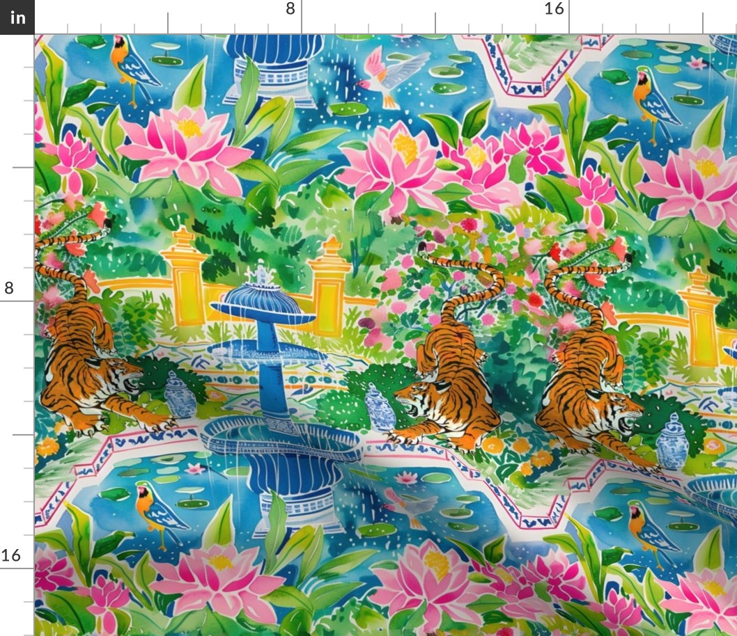 Tigers in Moroccan garden with fountain watercolor