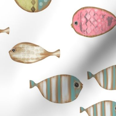 Pink Wooden Fish on White Large Scale  Teal Blue Aqua Brown Nautical Whimsical Nursery