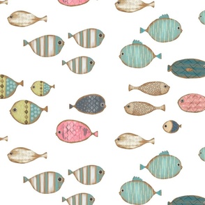 Pink Wooden Fish on White Large Scale  Teal Blue Aqua Brown Nautical Whimsical Nursery