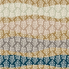 Seagrass  brunches in vertical lines on colorful ocean waves - in beige, honey yellow, blue, brown