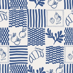 MID SCALE CONVERSATIONAL TREAT YOURSELF RESORT BRUNCH CROISSANT, FRUIT PATCHWORK TILE  CHECKERBOARD MIXED PATTERNS-SHIBORI COBALT DENIM BLUE AND WHITE