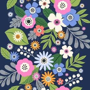 Bold Botanical - Floral Stripe on Blue Lg.