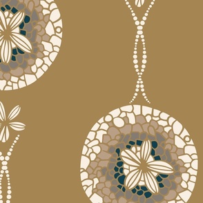 Seashell medallions (XL) - sand dollars  in beige and dark cerulean cyan tones on honey yellow background 