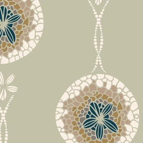 Seashell medallions (XL) - sand dollars  in beige tones on light olive green background 