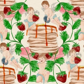 (L) Hand Drawn Ink and Watercolor Pancakes, Strawberries, and Cherubs in a Vintage Ogee Large