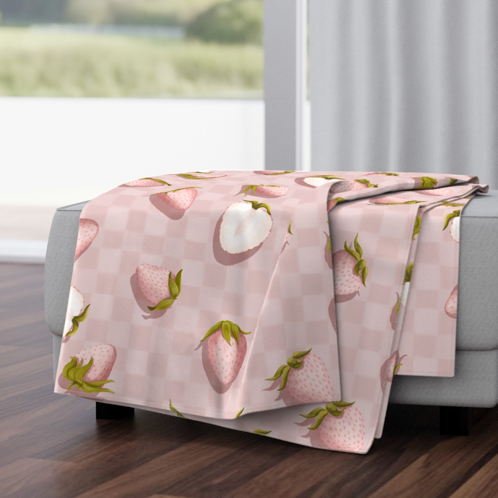(L) Pineberry Picnic Pink Strawberries on Soft Pink Checkerboard Blanket
