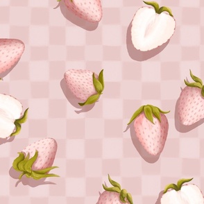 (L) Pineberry Picnic Pink Strawberries on Soft Pink Checkerboard Blanket