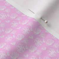 1:12 scale hand drawn white flowers on pink for dollhouse fabric, wallpaper, and small scale  miniature decor