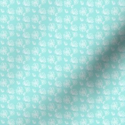 1:12 scale hand drawn white flowers on teal for dollhouse fabric, wallpaper, and small scale miniature decor