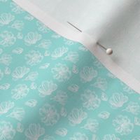 1:12 scale hand drawn white flowers on teal for dollhouse fabric, wallpaper, and small scale miniature decor