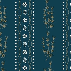 Vertical vines of sea grass and waves in grandmillennial design on dark blue background