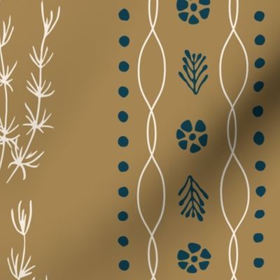 Vertical vines of sea grass and waves in grandmillennial design on honey yellow background