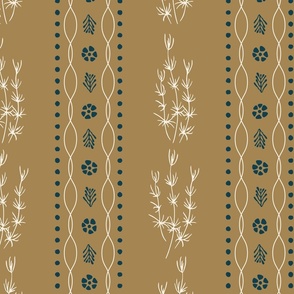 Vertical vines of sea grass and waves in grandmillennial design on honey yellow background