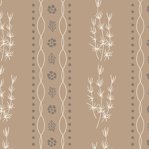 Vertical vines of sea grass and waves in grandmillennial design on pastel brown background