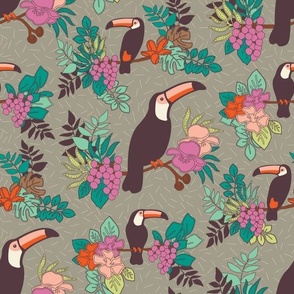 Colorful Toucans and Tropical flowers - Medium Scale - Tan background