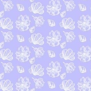 1:6 scale hand drawn white flowers on blue for dollhouse fabric, wallpaper, and small scale miniature decor