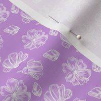 1:6 scale hand drawn white flowers on purple for dollhouse fabric, wallpaper, and small scale miniature decor