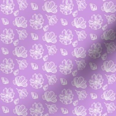 1:6 scale hand drawn white flowers on purple for dollhouse fabric, wallpaper, and small scale miniature decor