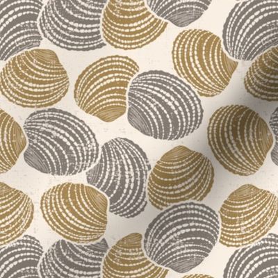 Seashells (M) in honey yellow and brown with sand texture - tossed design on beige background 