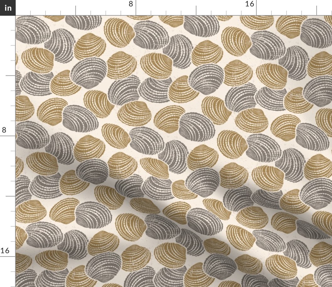 Seashells (M) in honey yellow and brown with sand texture - tossed design on beige background 