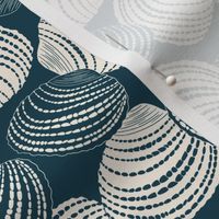 Seashells (M) in white and dark cerulean cyan - tossed design on blue background 