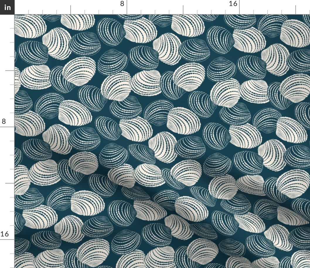 Seashells (M) in white and dark cerulean cyan - tossed design on blue background 