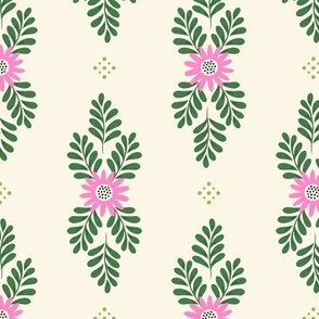 Flowers and Fronds - Pink, Green, Cream Med.