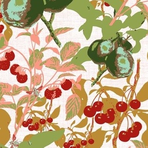 Large scale Nature's Candy botanical; pears, cherries, raspberries and bees in pink, green, cyan, red and yellow on a linen texture ground. 