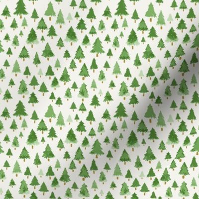 579 - Mini micro dollhouse scale Christmas pine tree forest in olive green and brown watercolour for whimsical Christmas décor, cushions, table runners, kids apparel, nursery décor, forest woodland themed bed linen