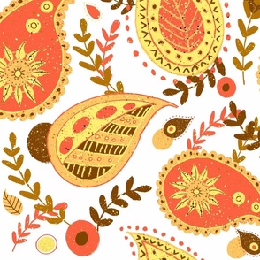 Orange and yellow modern floral paisley on a white background