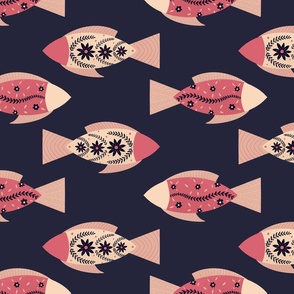 Scandinavian style floral fishes - pink and navy blue