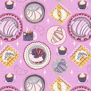 L|Textured Coffee and Blue Croissants Indulgent Treats on Decorated Plates and Yellow Napkins on pink