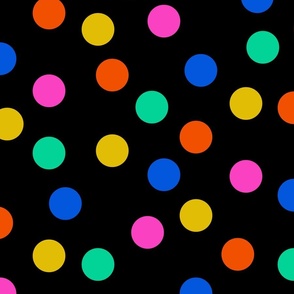 random polka dots hot pink, miami green, classic blue, dijon yellow, and poppy on black
