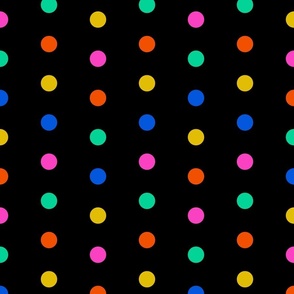 offset rainbow polka dots hot pink, miami green, classic blue, dijon yellow, and poppy on black