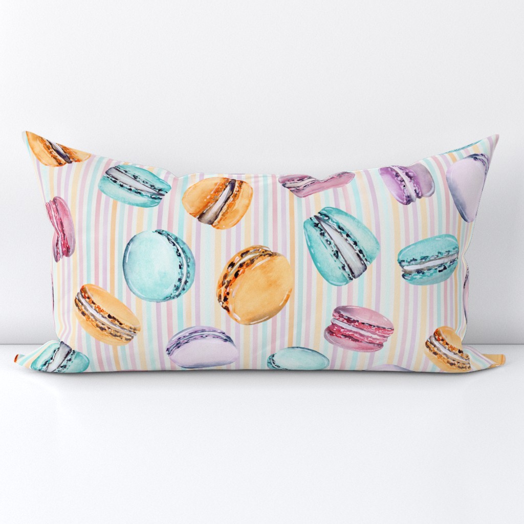 Sweet Treats | Handpainted Watercolor Macarons on Pastel Stripes | Orange, Pink, Lilac, Turquoise