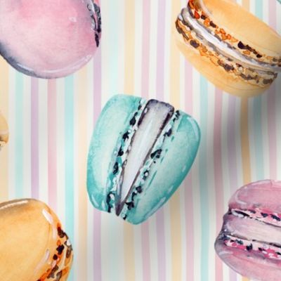 Sweet Treats | Handpainted Watercolor Macarons on Pastel Stripes | Orange, Pink, Lilac, Turquoise