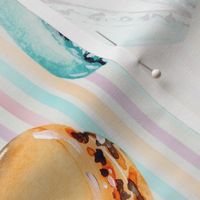 Sweet Treats | Handpainted Watercolor Macarons on Pastel Stripes | Orange, Pink, Lilac, Turquoise