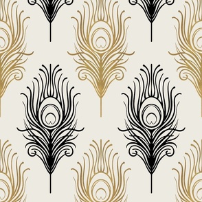 THE GATSBY COLLECTION - ART DECO PEACOCK FEATHER IN BLACK AND GOLD ON WHITE