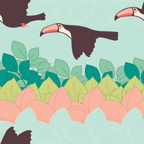 Stylized Flying Toucans - Baby Blue Sky - Green Tropical Plants - Pink Tropical Flowers - Jumbo scale