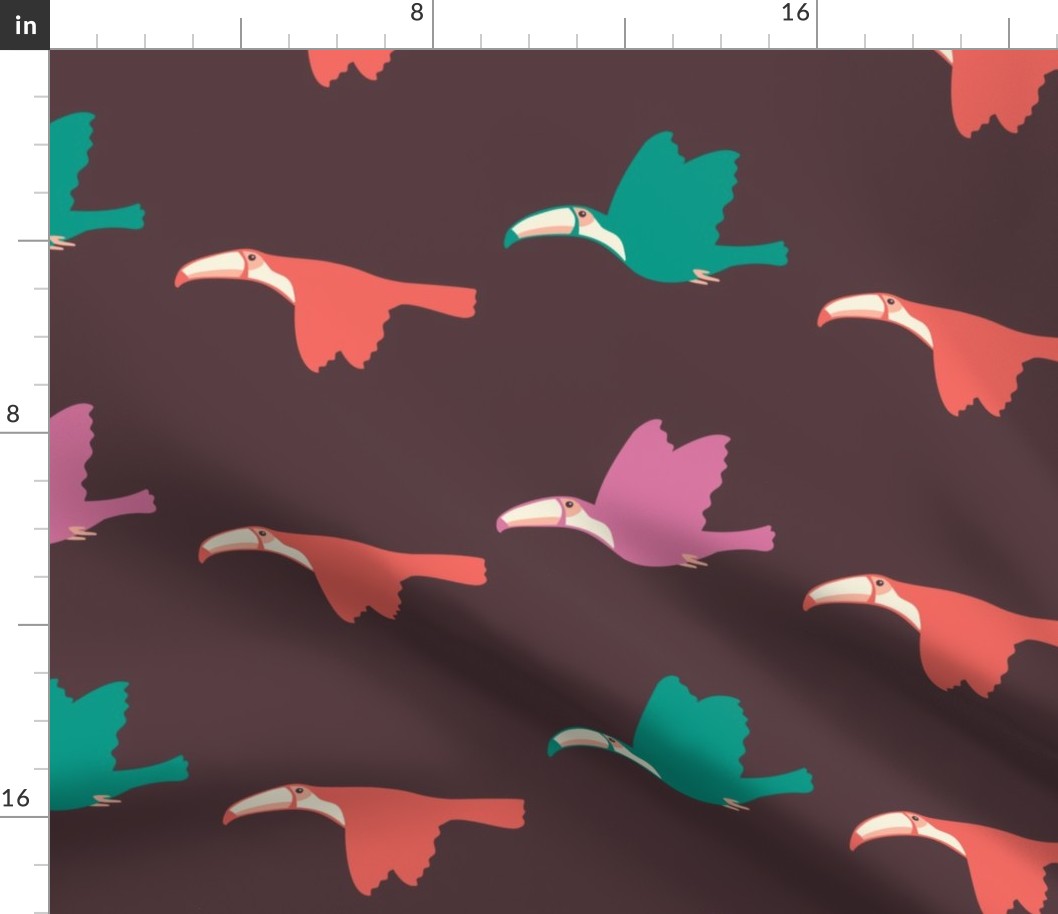 Stylized Modern Flying Toucans - Minimalist Toucans - Burgundy Background - Medium Scale