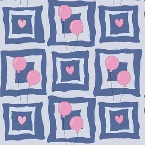 Birthday Balloons and Hearts on a Wild Checkerboard in Pink and Blue.