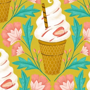 (L) it‘s ice cream time, soft ice cream or frozen joghurt in a waffle and flowers, mustard yellow