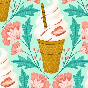 (L) it‘s ice cream time, soft ice cream or frozen joghurt in a waffle and flowers, mint green teal