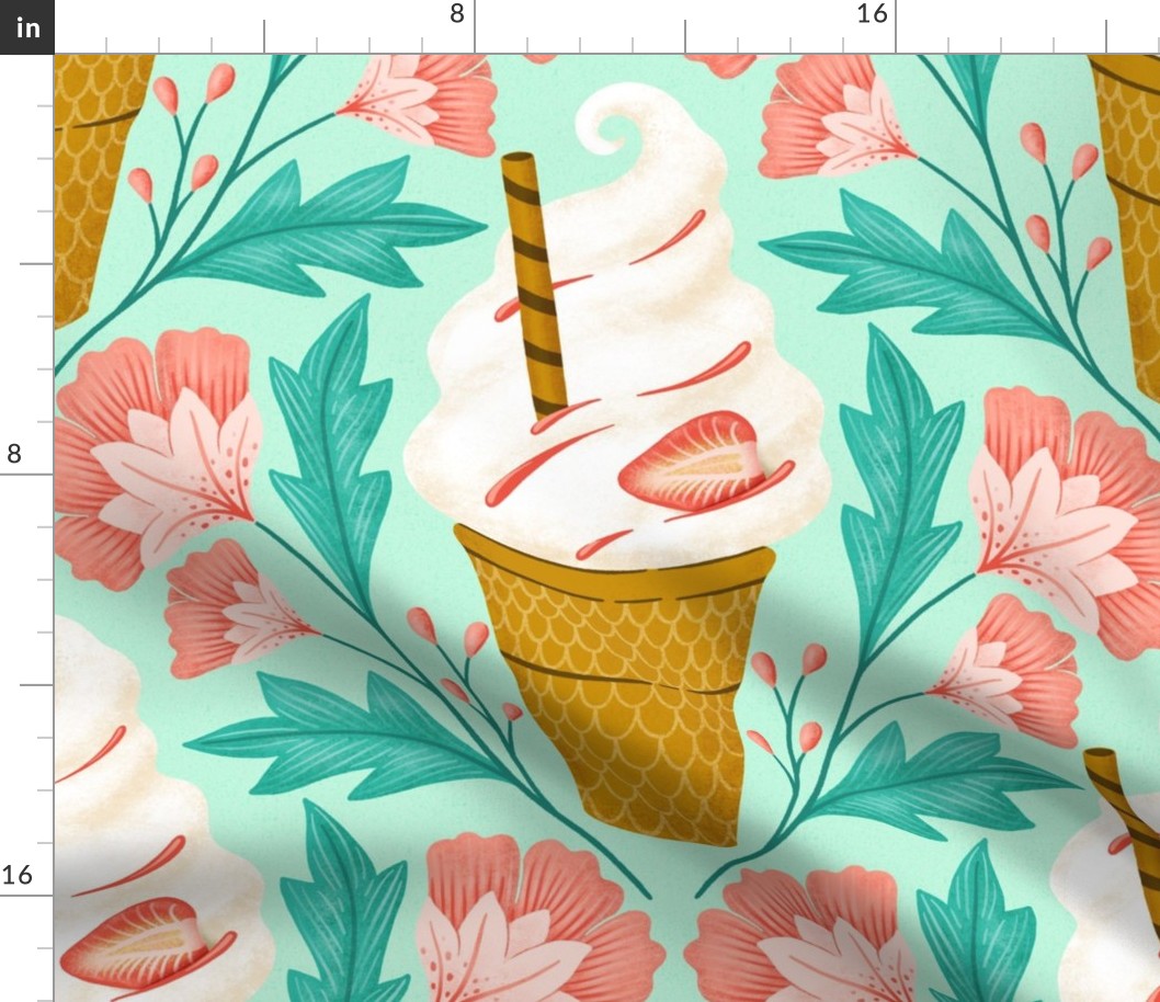(L) it‘s ice cream time, soft ice cream or frozen joghurt in a waffle and flowers, mint green teal
